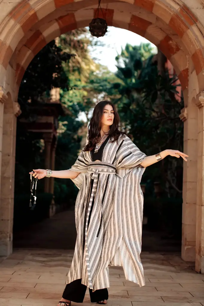 Mizyana Striped Linen Kaftan with Embellished Details