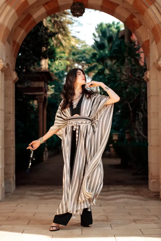 Mizyana Striped Linen Kaftan with Embellished Details
