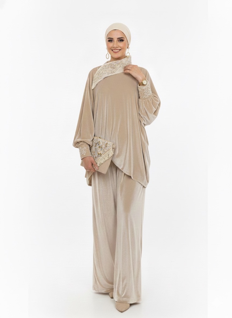 Embroidered Collar Velvet Set