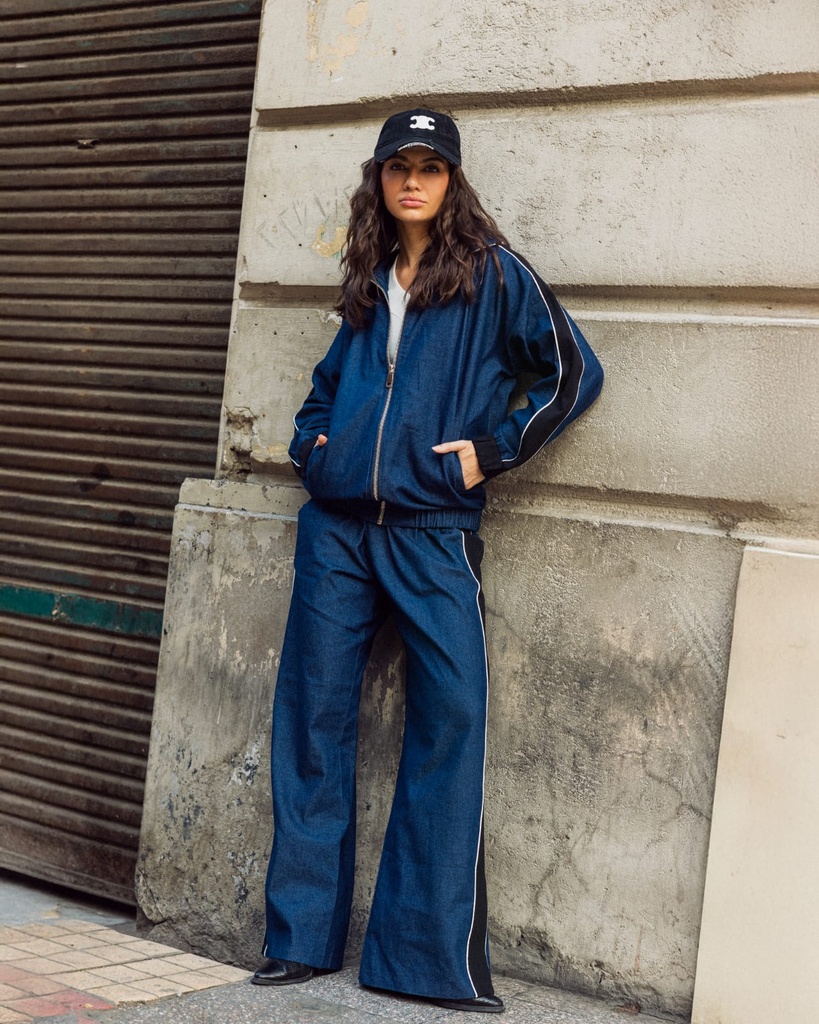 Zipped Denim Stripe Pants Suit