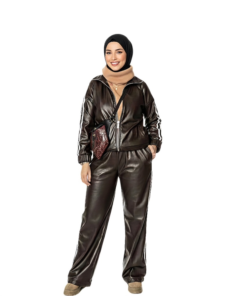 Faux Leather Zip Pants Suit