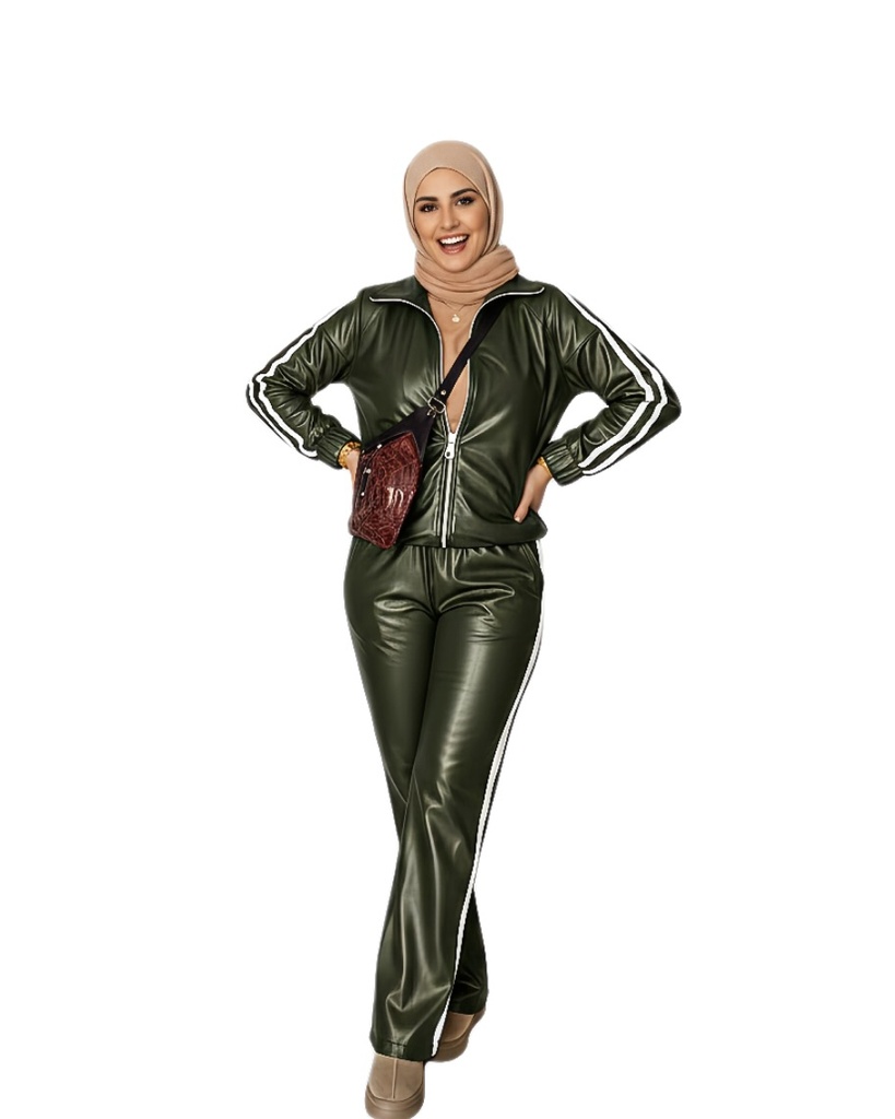 Faux Leather Zip Pants Suit