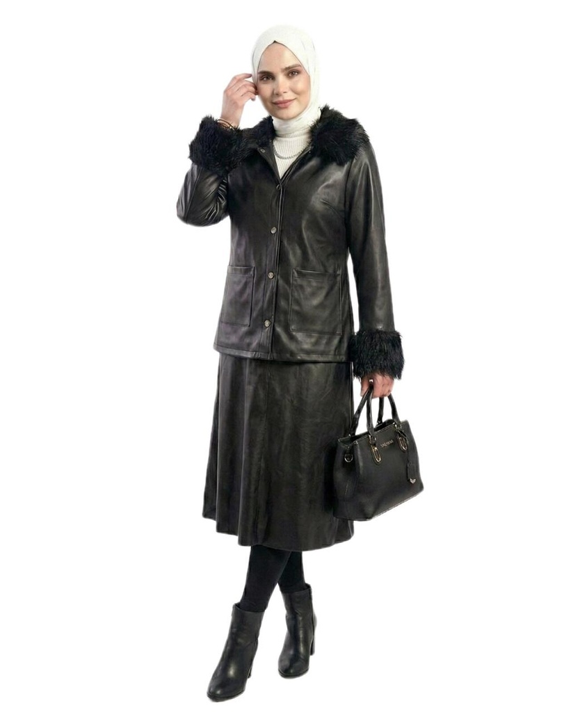 Faux Leather Fur-Trim Skirt Set