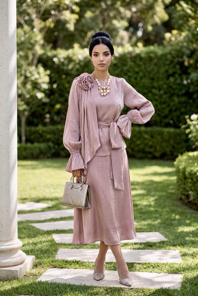 Floral Applique Draped Sleeve Skirt Suit