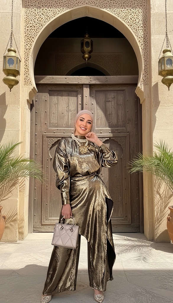 Metallic Layered Skirt Pants Suit