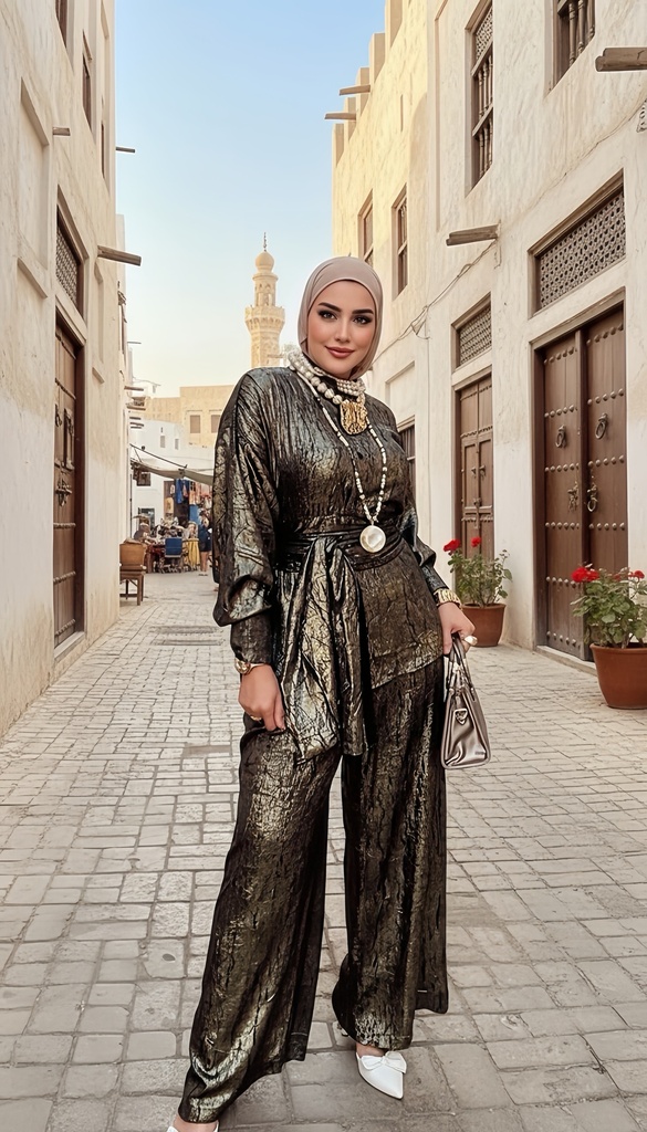 Metallic Crinkled Tie Waist Suit