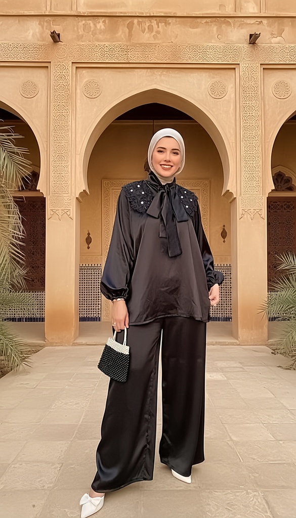 Embroidered Satin Tie Neck Suit