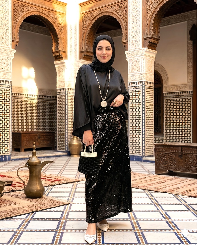 Satin Top Sequin Skirt Suit