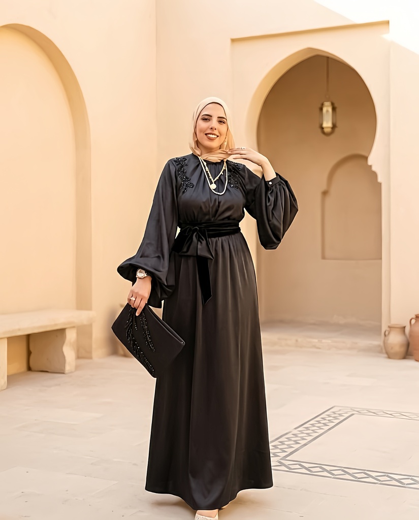 Belted Embroidered Satin Dress