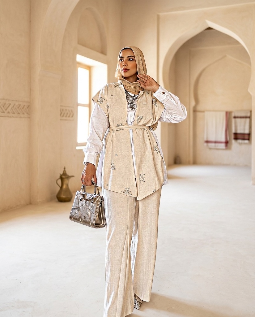 Double Face Linen Embroidered Vest Suit 