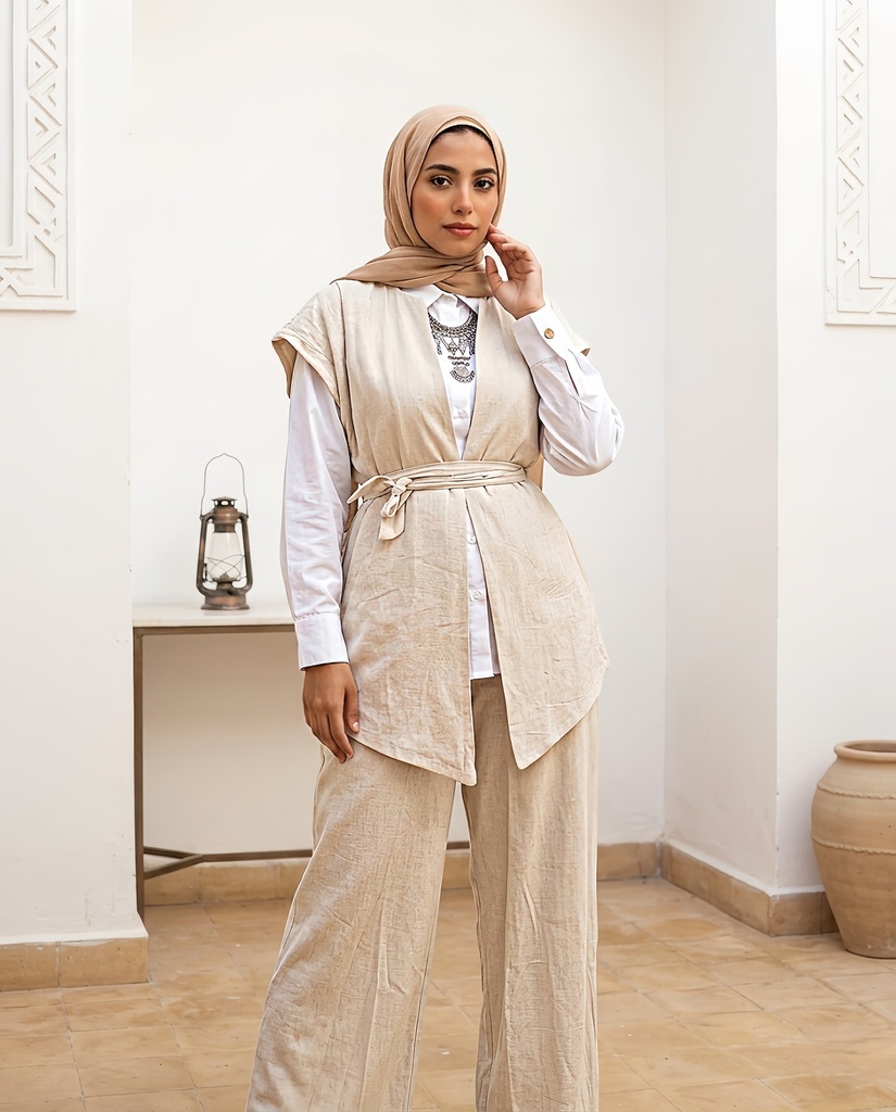 Double Face Linen Embroidered Vest Suit 