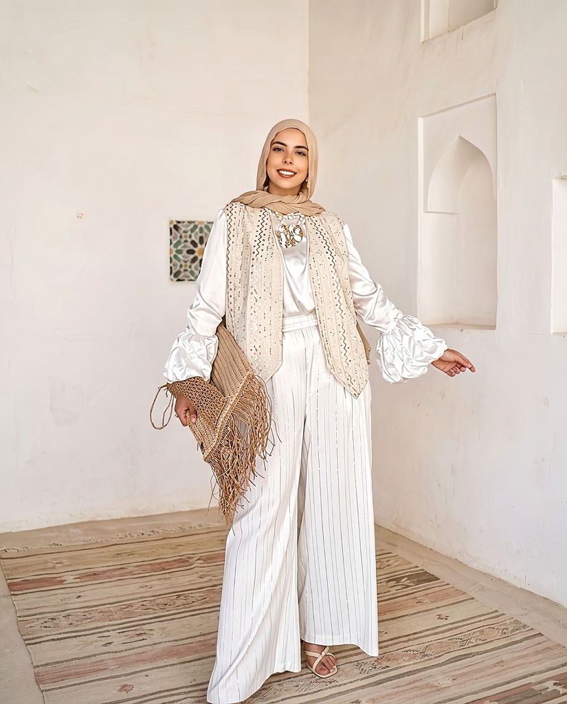 Thread Embroidered Vest Striped Set