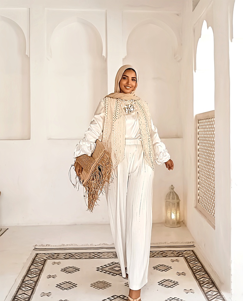 Thread Embroidered Vest Striped Set