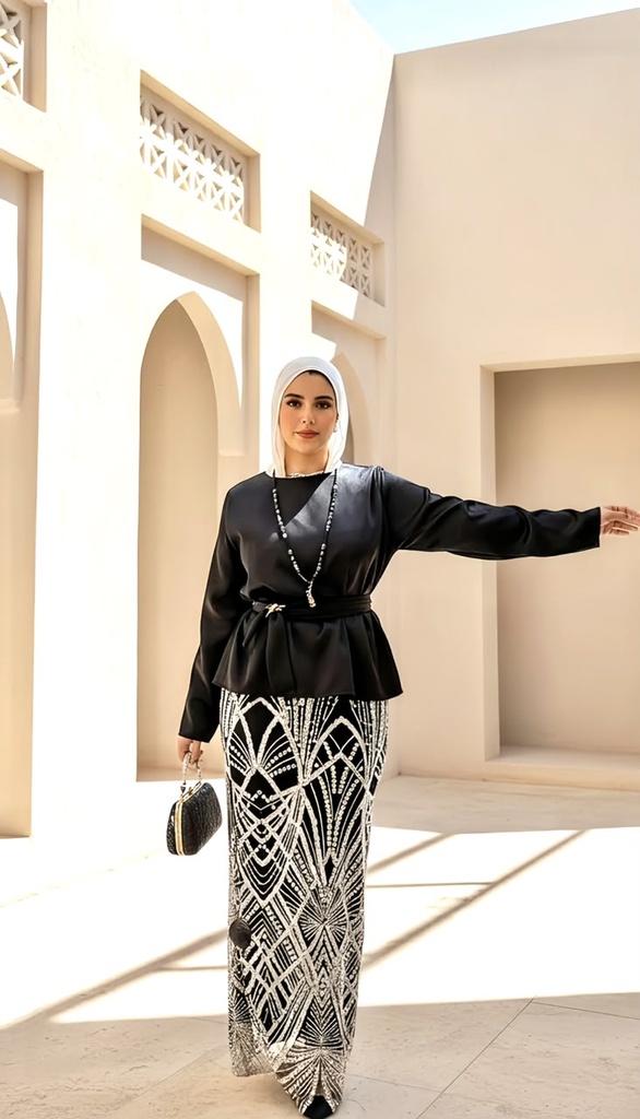 Embroidered Skirt Satin Blouse Suit