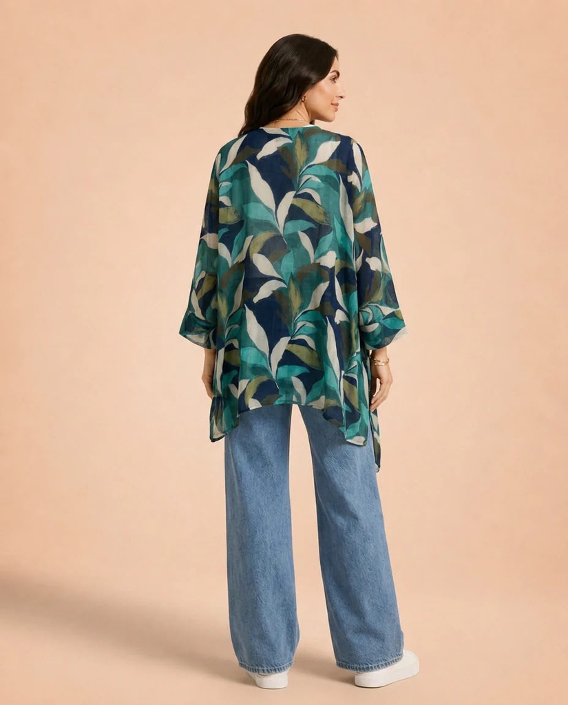 Asymmetric Leaf Print Linen Kimono