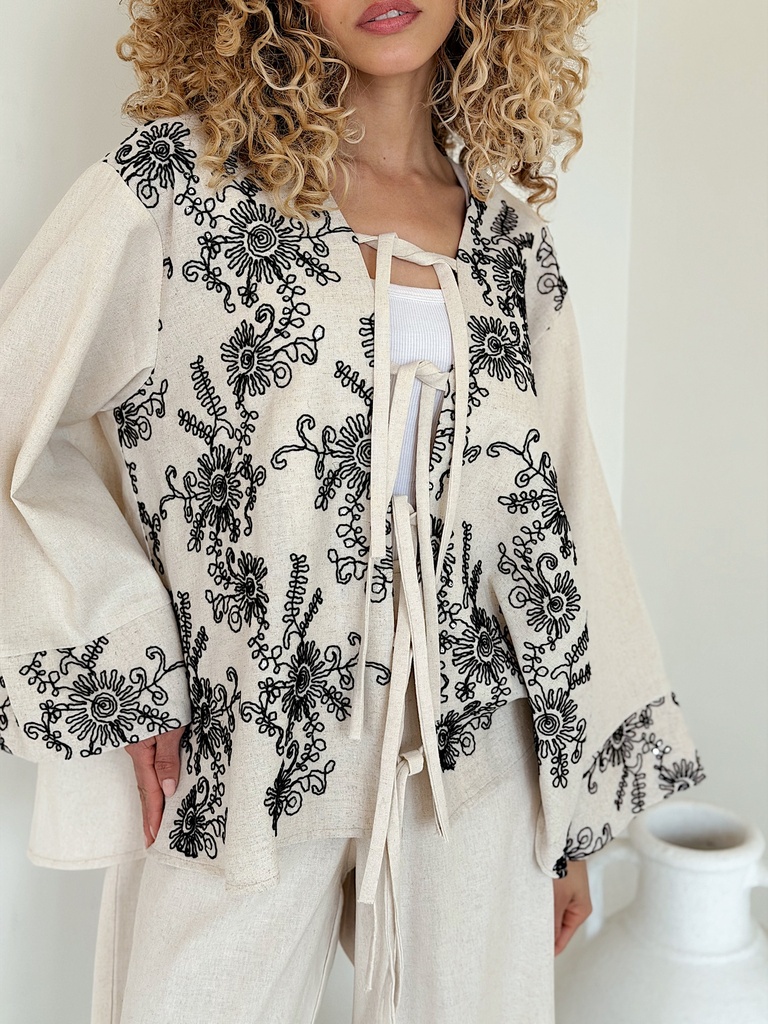 Thread Embroidered Belted Suit