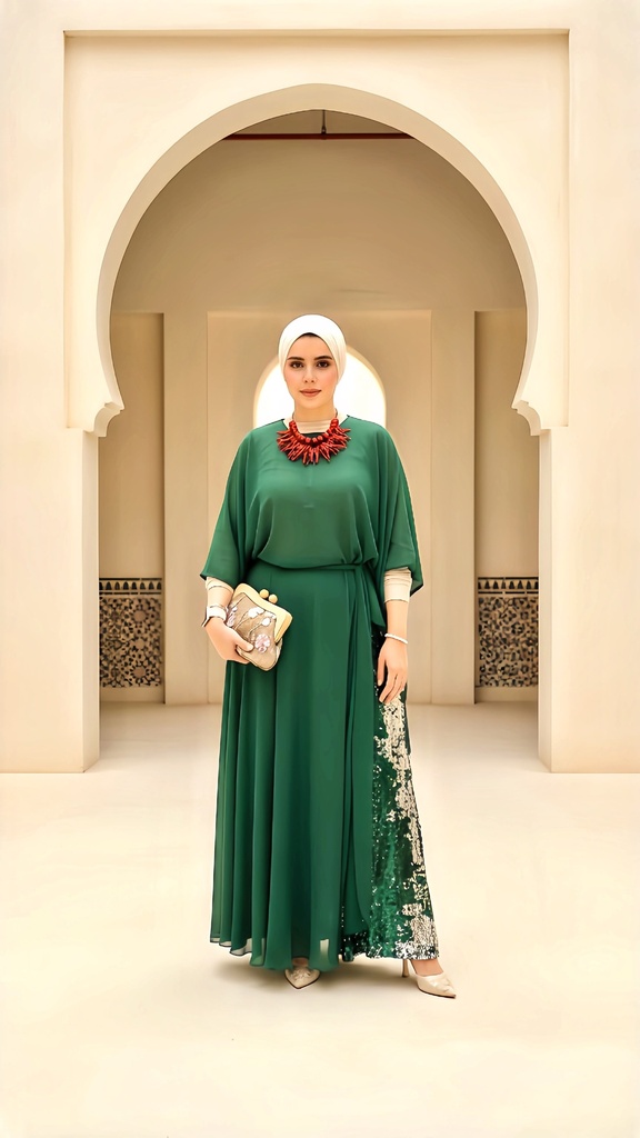 Chiffon Poncho Embroidered Pants Suit 