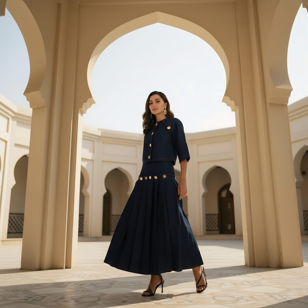 Gold Brooch Denim Skirt Suit
