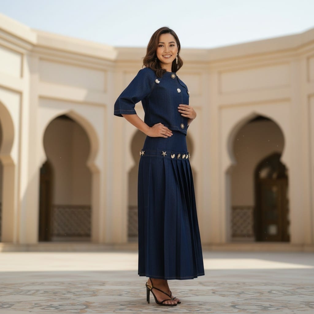 Gold Brooch Denim Skirt Suit
