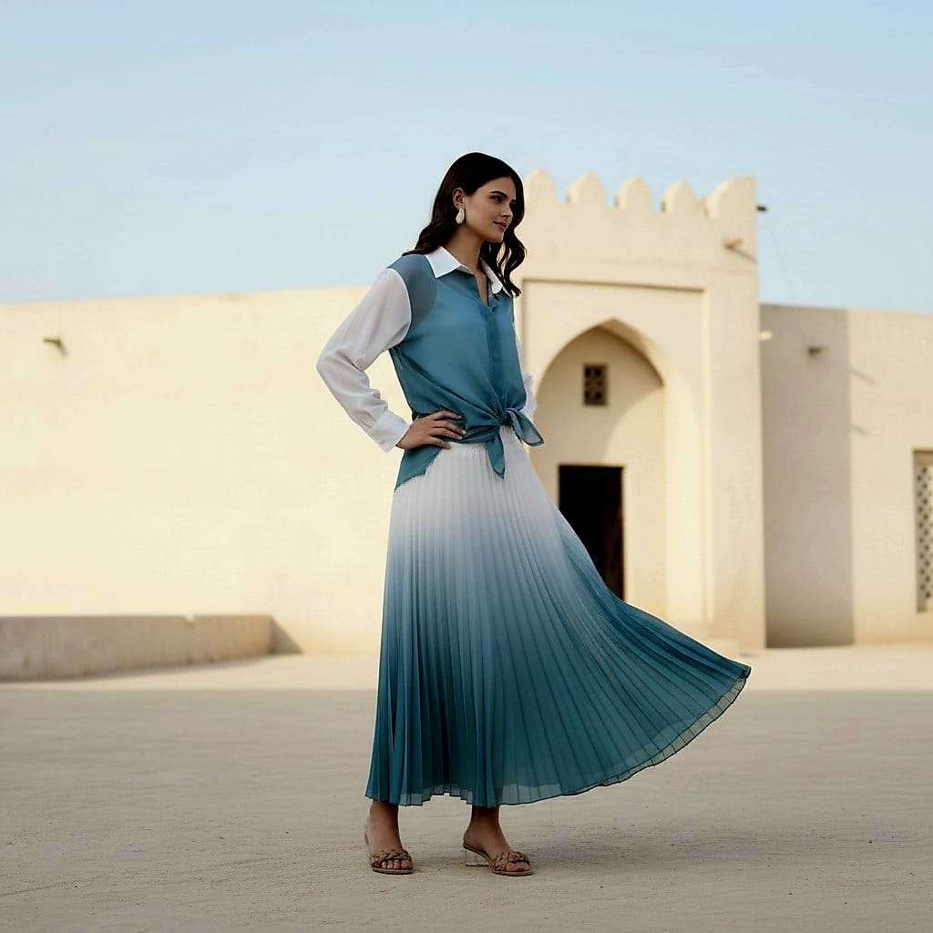 Gradient Pleated Skirt Chiffon Suit