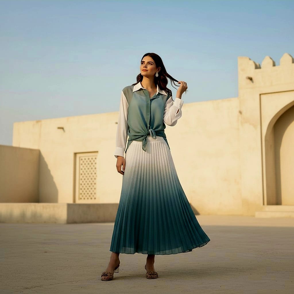 Gradient Pleated Skirt Chiffon Suit