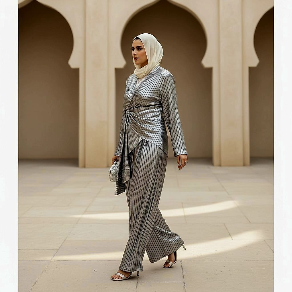 Metallic Pleated Blouse Pants Suit