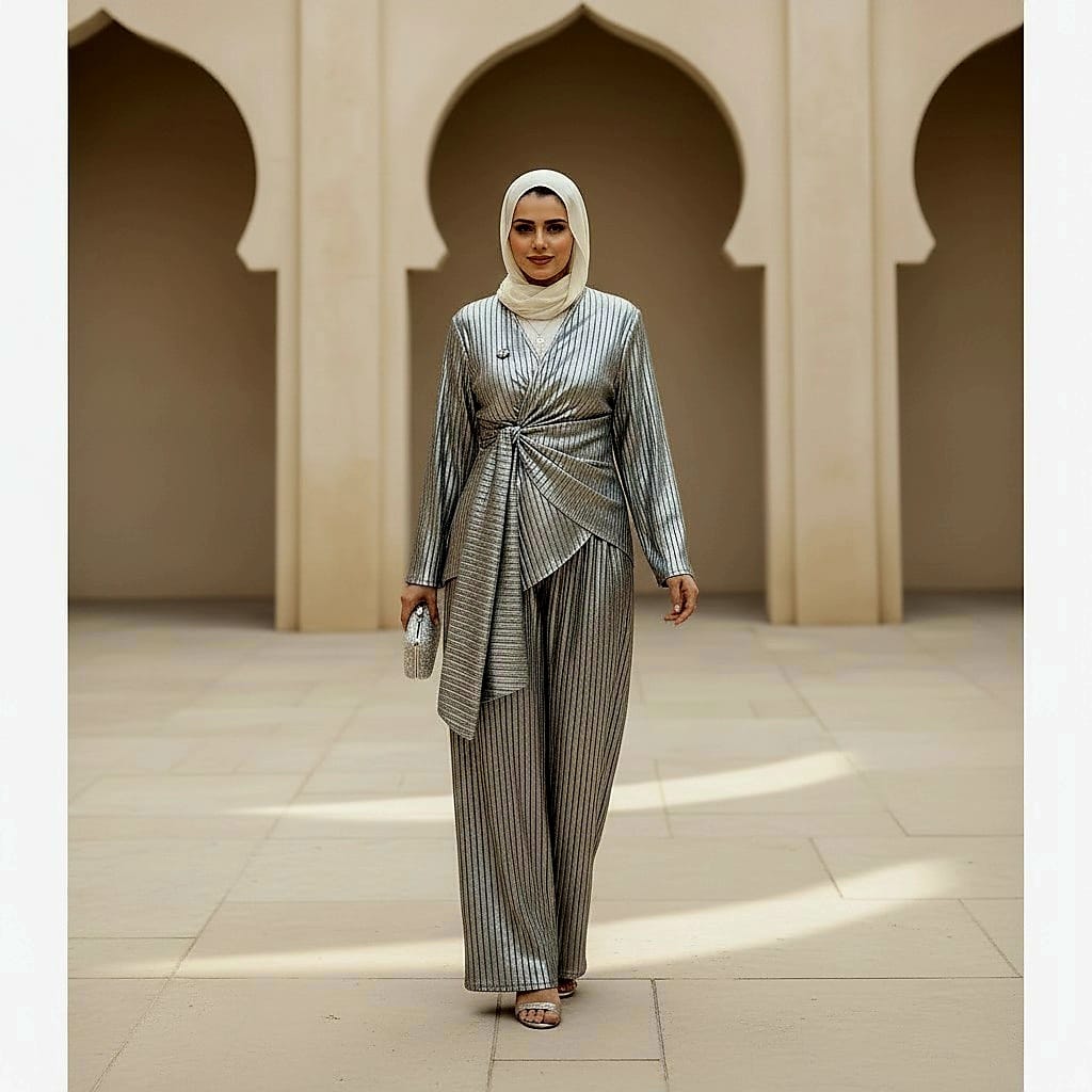Metallic Pleated Blouse Pants Suit