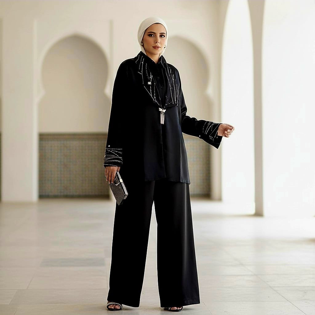 Embroidered Oversized Collar Satin Suit (Evening Wear)