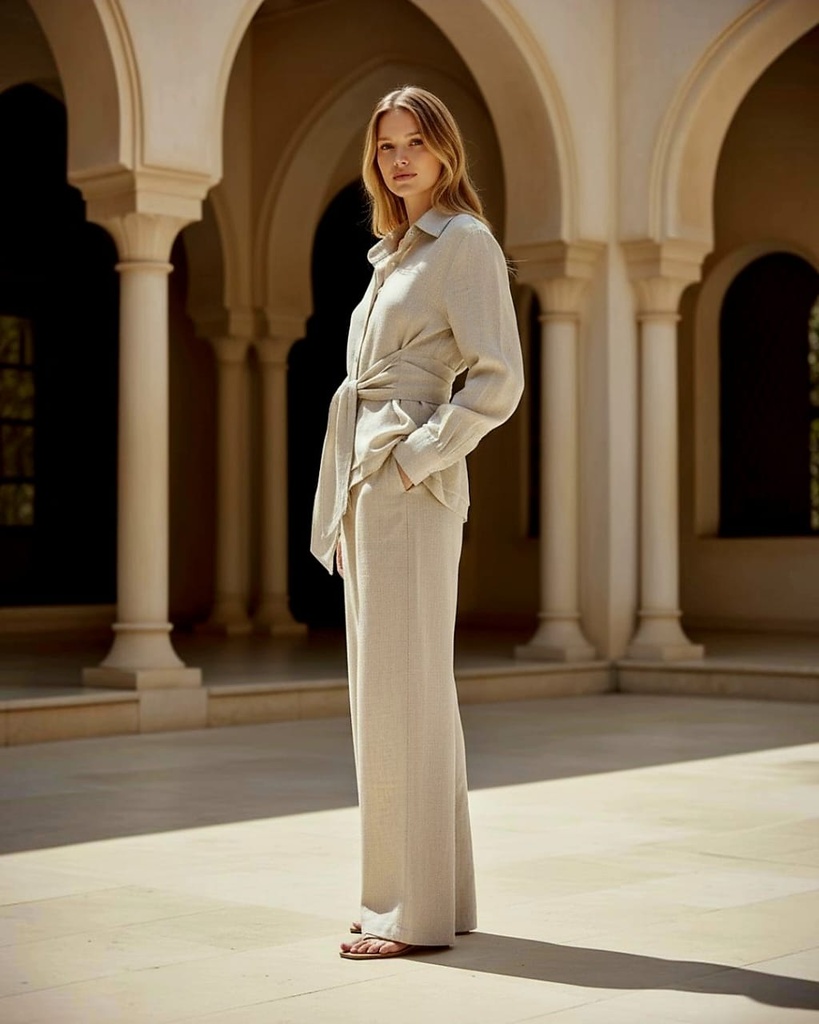 Wide-Leg Linen Belted Suit