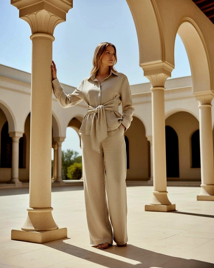 Wide-Leg Linen Belted Suit