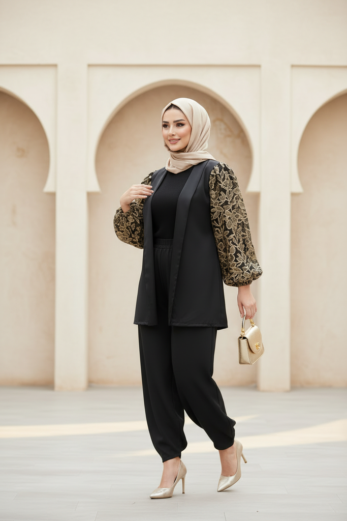 Lace Embroidered Sleeve Jacket Suit (2P) (S)