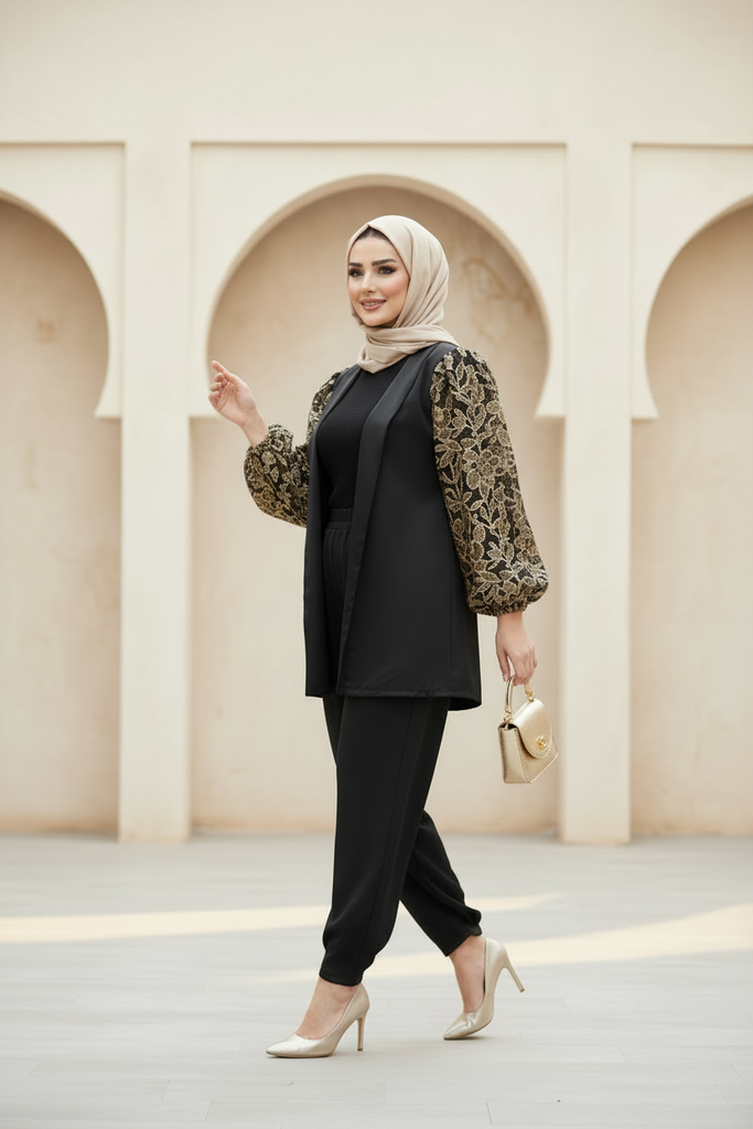 Lace Embroidered Sleeve Jacket Suit (2P) (S)