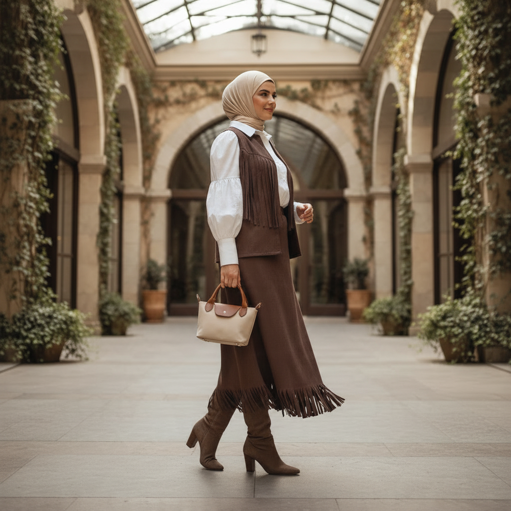 (c)Suede Fringe Skirt Suit