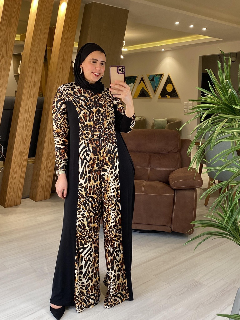 Abstract Print/Non Print Wide Leg Jumpsuit