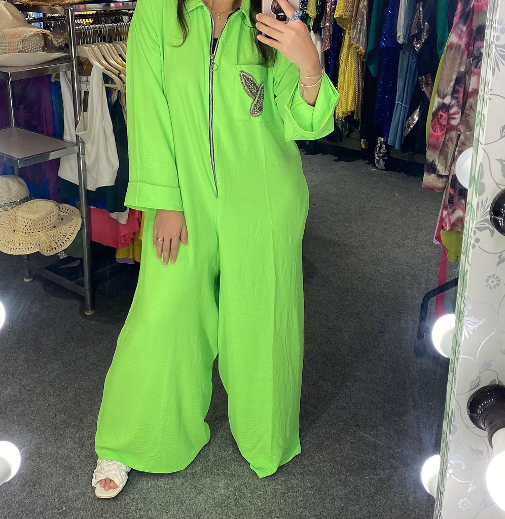 Plain Neon Zipper Jumpsuit