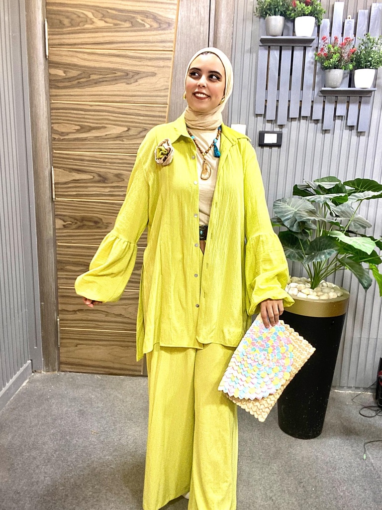 Linen Look Puff Sleeve Shirt & Wide Leg Pants