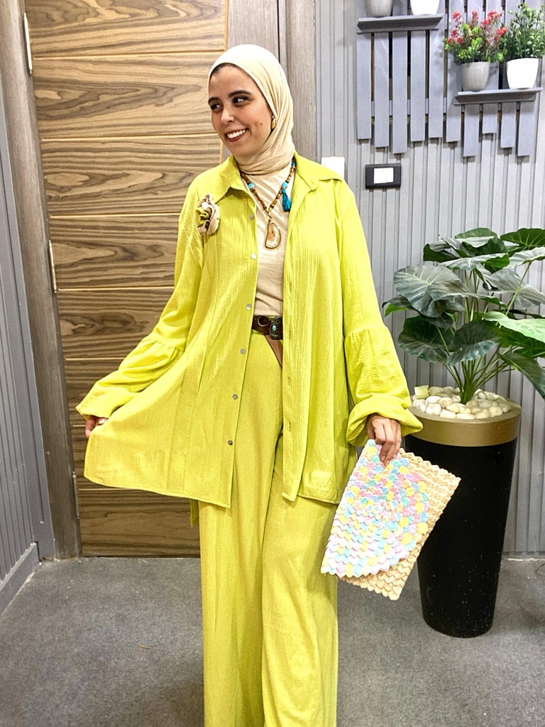 Linen Look Puff Sleeve Shirt & Wide Leg Pants