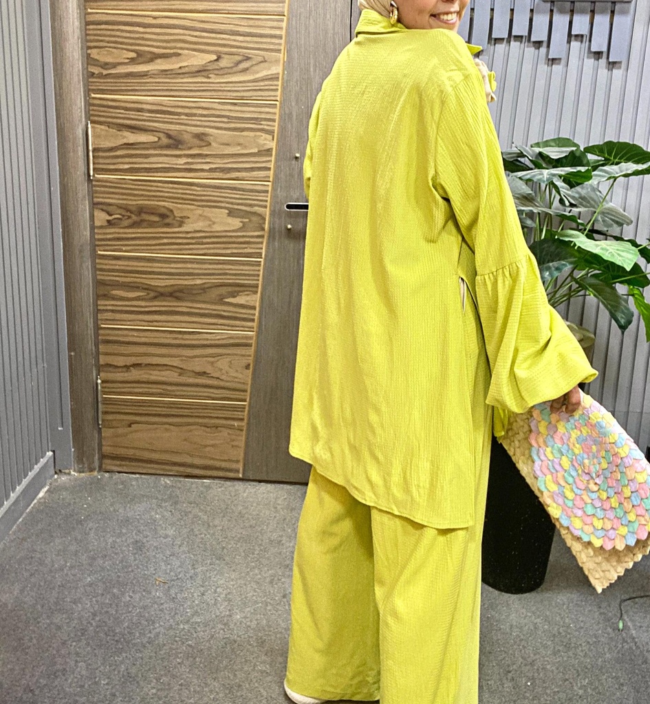 Linen Look Puff Sleeve Shirt & Wide Leg Pants