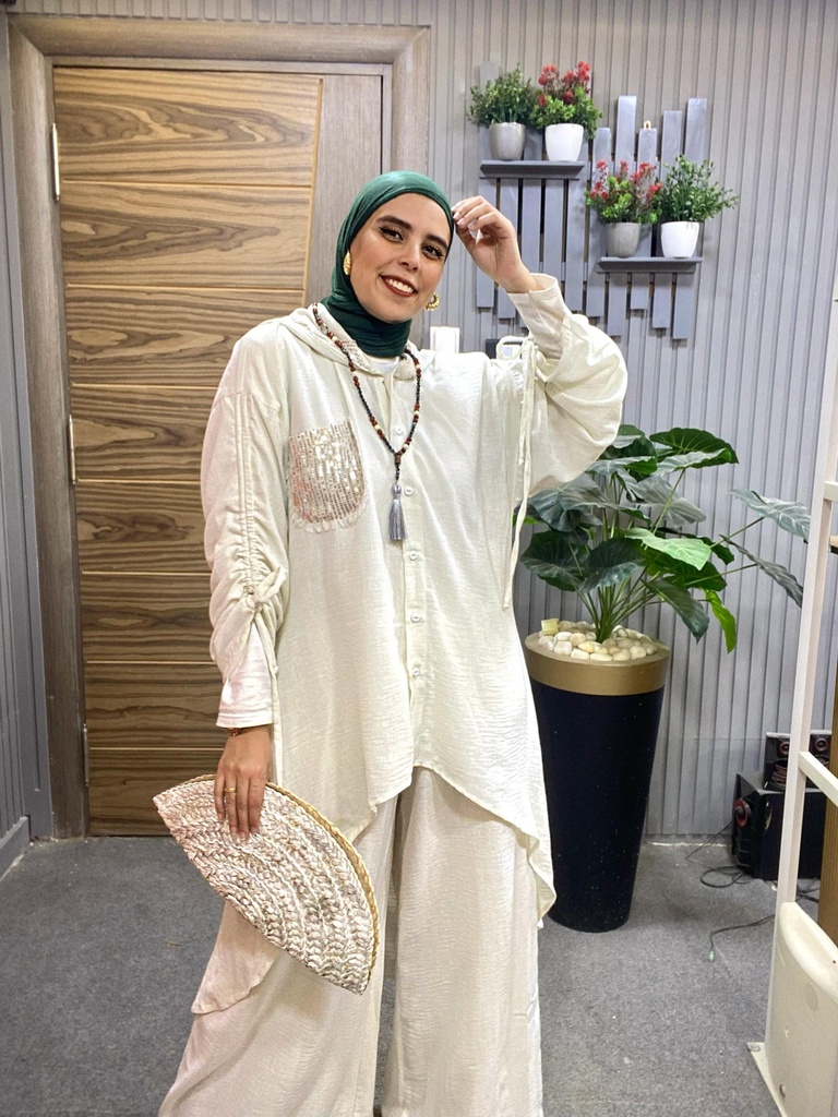 Sleeves Built in Belt Linen Pants-Set
