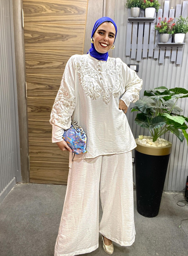 Linen Sequin and Embroidery Woven Pants-Set