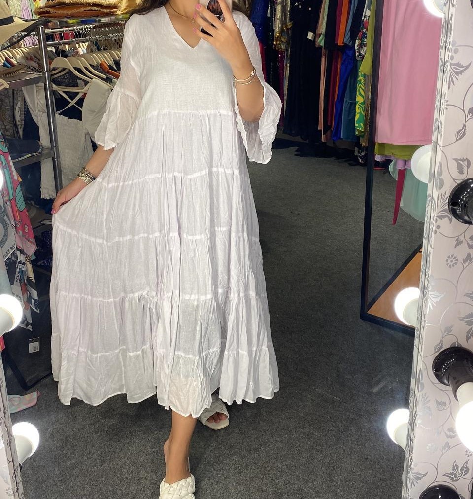 Tiered Linen V-Neck Dress