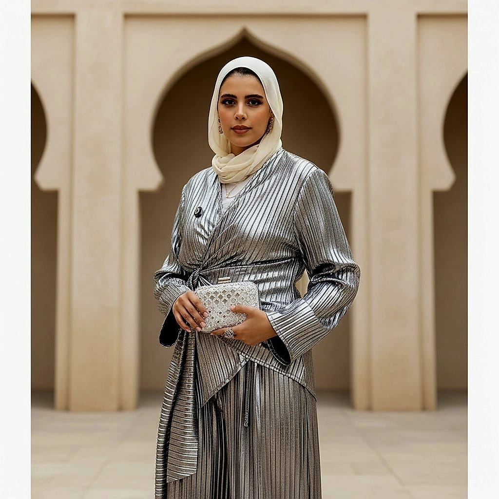 Metallic Pleated Blouse Pants Suit