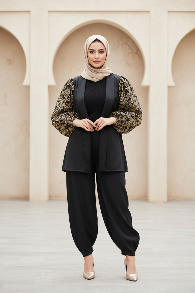 Lace Embroidered Sleeve Jacket Suit (2P) (S)