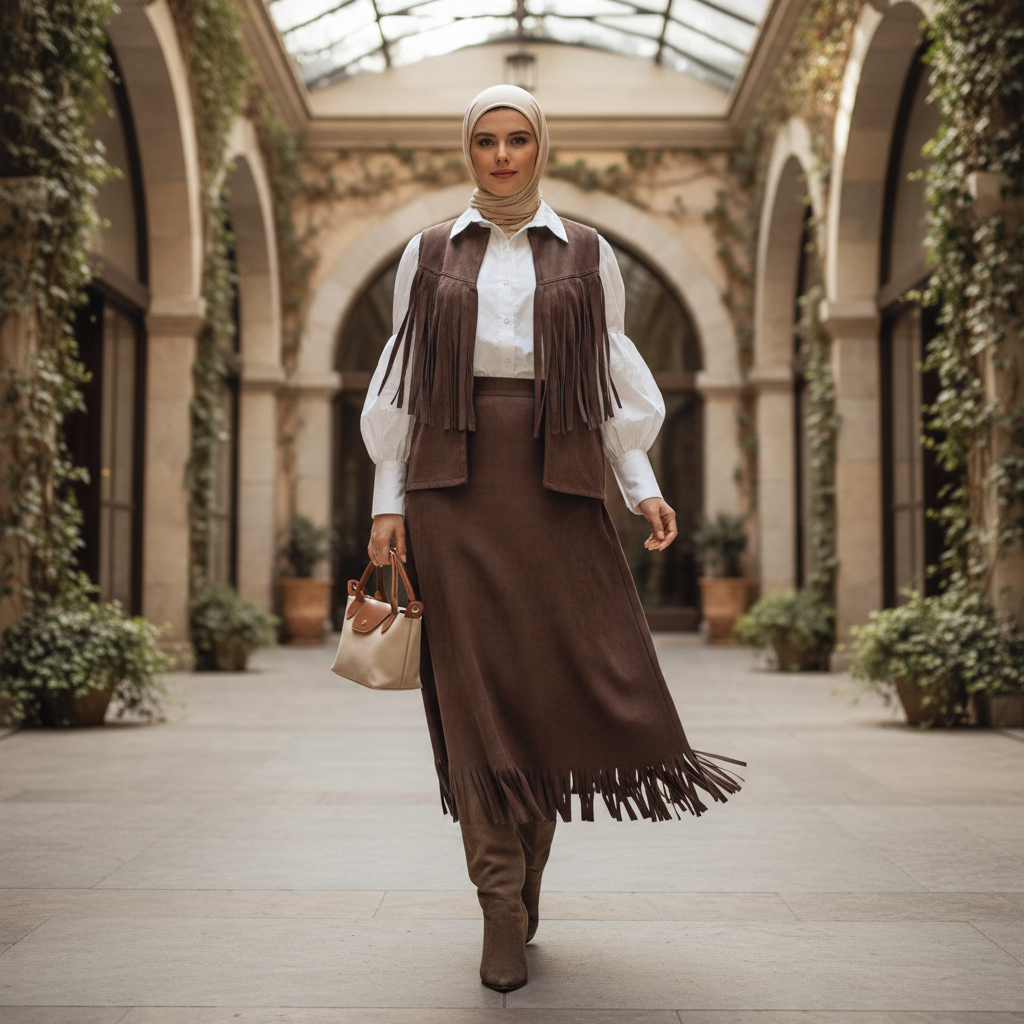 (c)Suede Fringe Skirt Suit