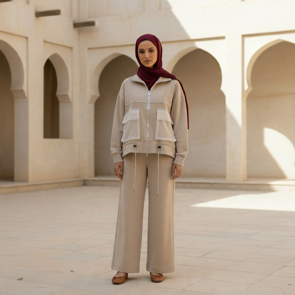 (c)Contrast Pocket Zip-Up Pants Suit