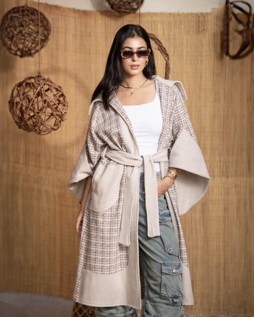 Wool Blend Coat With Tweed Details