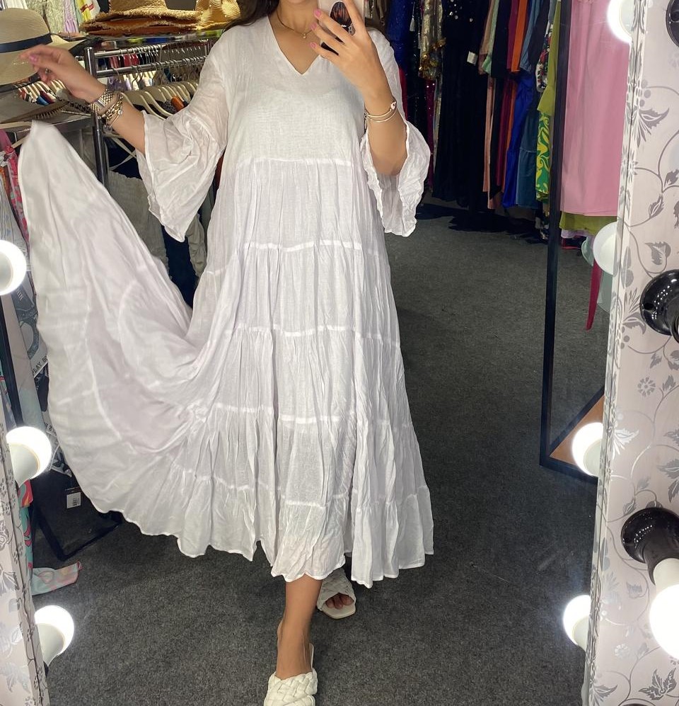 Tiered Linen V-Neck Dress