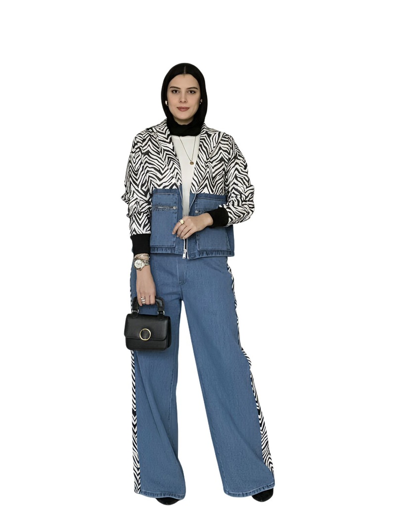 Zebra Denim Patch Hoodie Suit