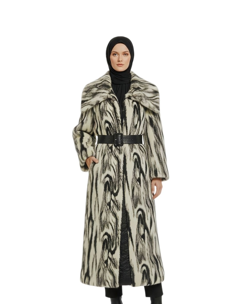 Long Zebra Print Fur Coat