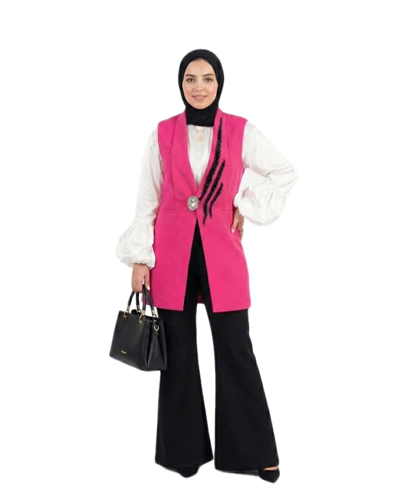 Long Black Embroidered Front Vest